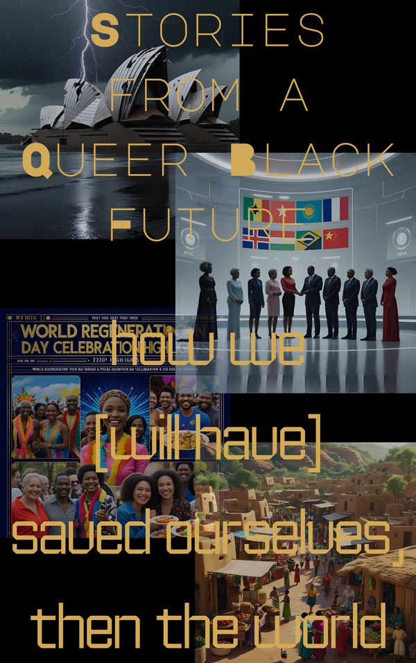 Background images depict a damaged Sydney Opera House; an accord among rfuture nations; Text reads, "Stories from a Queer black Future / how we [will have] saved ourselves, then the world